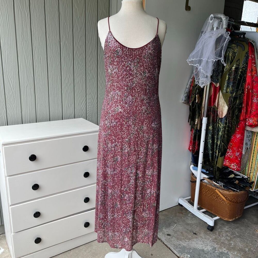 Altar’d State Sequin Floral Maxi Slip Dress SZ L Cross Back Lined